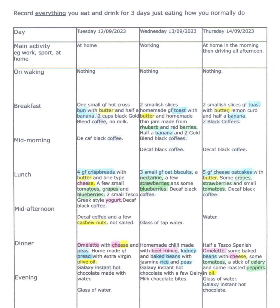 3 day diary colour coded